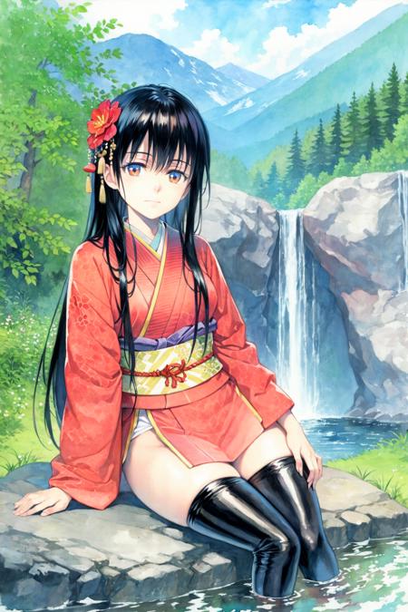 17959-2102230583-masterpiece, best quality, _lora_style19_1_,watercolor (medium),  1girl, solo, thighhighs, sitting, black hair, japanese clothes.png